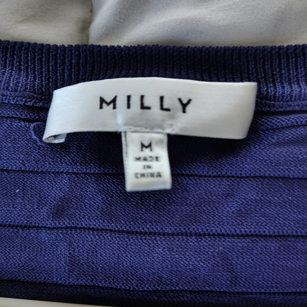 Milly Navy Ribbed Crew Neck Top W Short Bell Sleeves M - Picture 3 of 7
